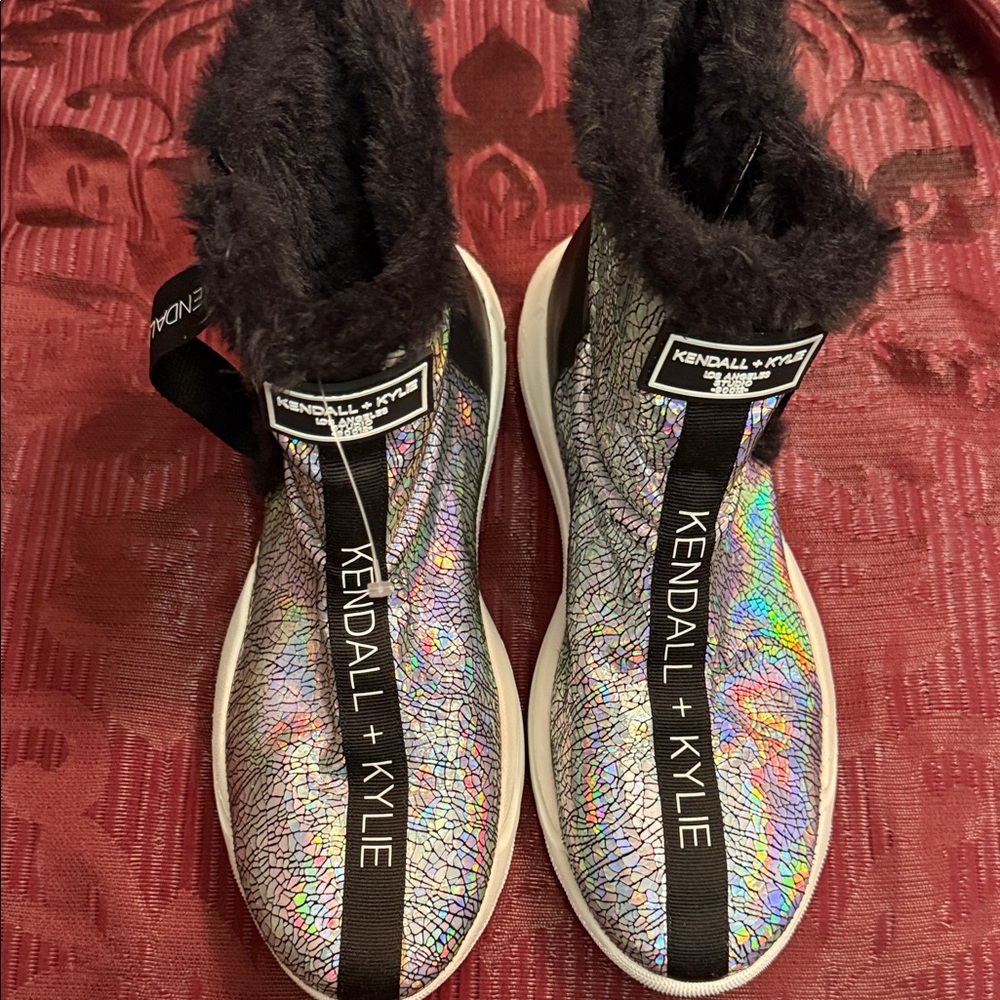 Kendall & Kylie Holographic Sneakers with Black Fur